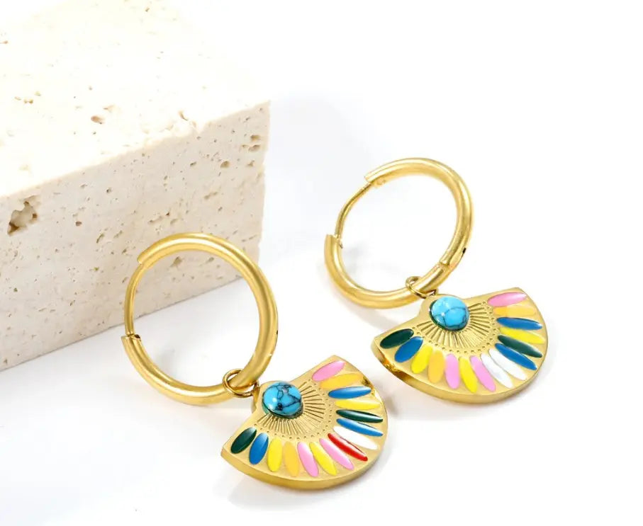 Colorful Oil Drop and Blue Turquoise Semi-Circle Earrings - Sonex Shop | Quality Products