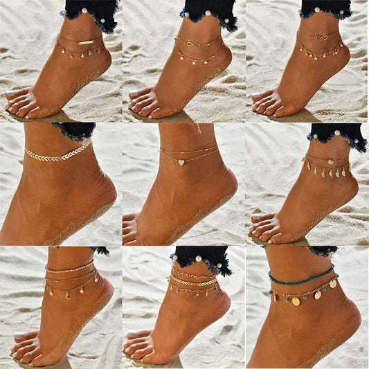 Boho Double Layer Anklets for Women - Pearl Pendant Foot Chains with 8 Shape Design