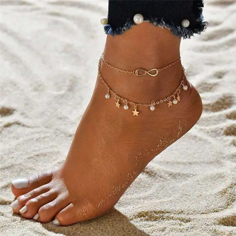 Boho Double Layer Anklets for Women - Pearl Pendant Foot Chains with 8 Shape Design