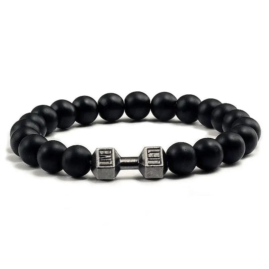 Natural Volcanic Stone Bracelet - Matte Black Lava with White Beads and Dumbbell Charms