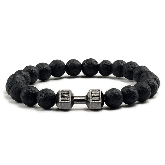 Natural Volcanic Stone Bracelet - Matte Black Lava with White Beads and Dumbbell Charms