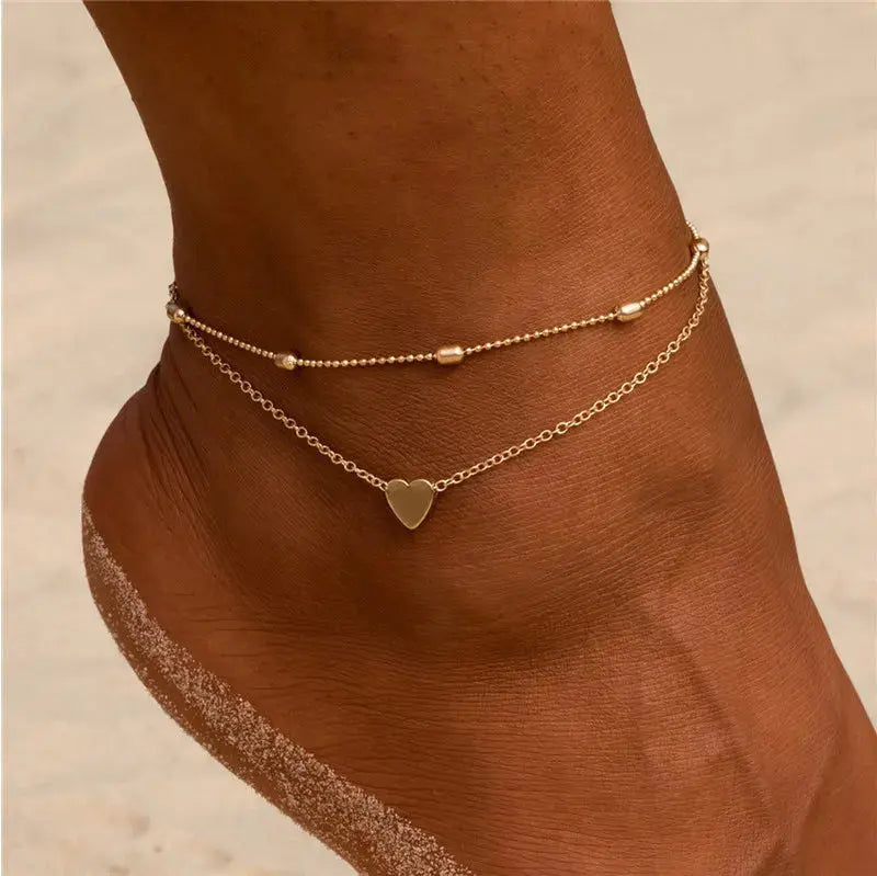 Boho Double Layer Anklets for Women - Pearl Pendant Foot Chains with 8 Shape Design