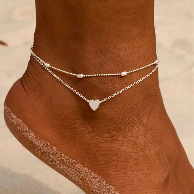 Boho Double Layer Anklets for Women - Pearl Pendant Foot Chains with 8 Shape Design