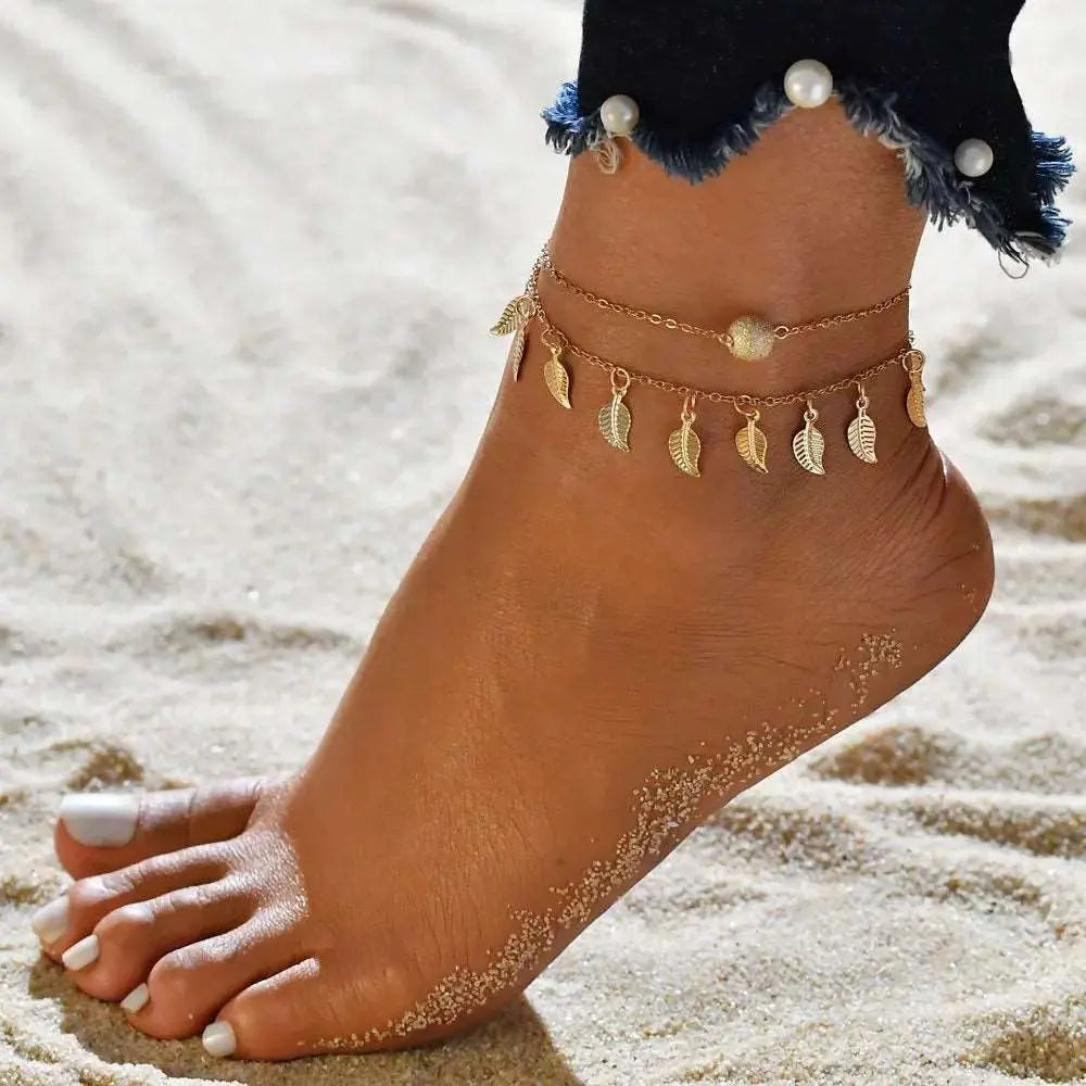 Boho Double Layer Anklets for Women - Pearl Pendant Foot Chains with 8 Shape Design