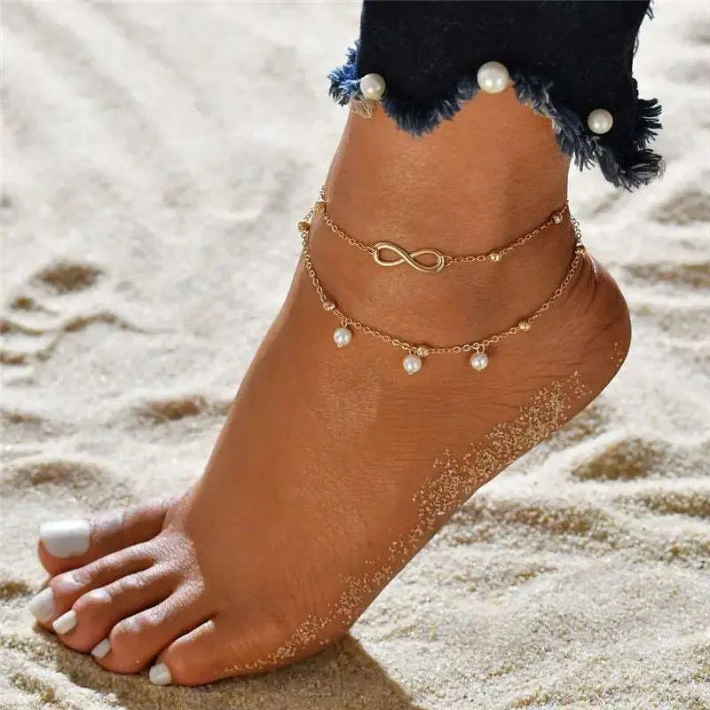 Boho Double Layer Anklets for Women - Pearl Pendant Foot Chains with 8 Shape Design