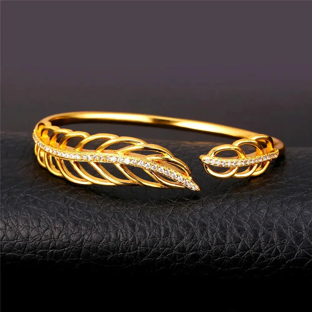 Gold Color Open Leaf Bangle Bracelet with White CZ – Elegant Jewelry for Women, Perfect Birthday Gift