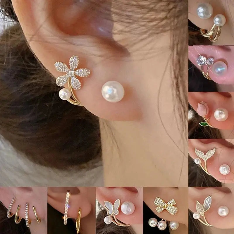 Korean Vintage Pearl Crystal Earrings for Women, High-Class Luxury Zircon Flower Butterfly Leaf Women's Stud Earrings