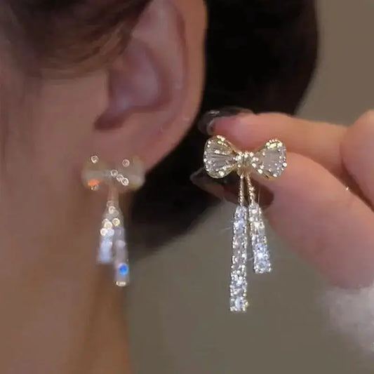 Korean Trendy Bow Crystal Drop Earrings for Women – Luxury Sparkling Cubic Zirconia Tassel Jewelry