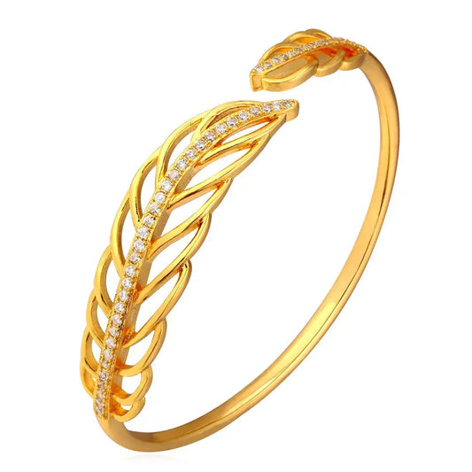 Gold Color Open Leaf Bangle Bracelet with White CZ – Elegant Jewelry for Women, Perfect Birthday Gift