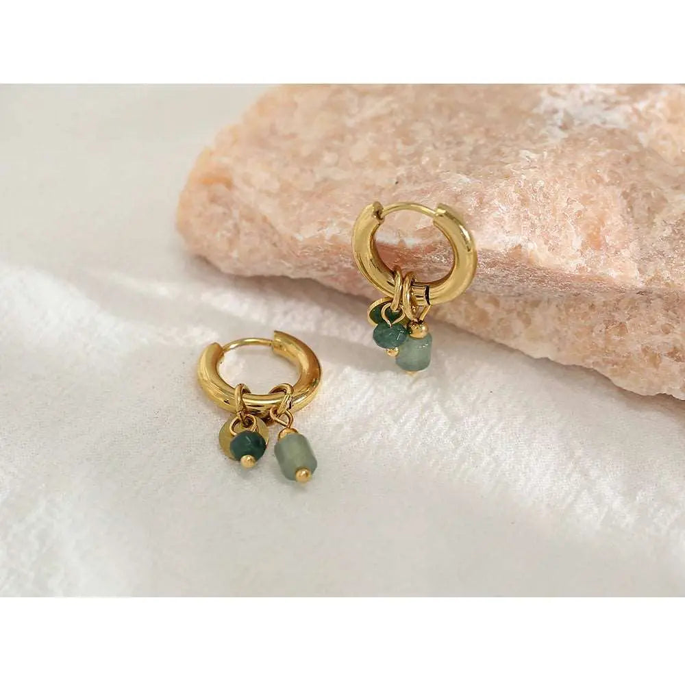 18K Gold-Plated Stainless Steel Hoop Earrings for Women, Vintage Green Natural Stone Charms, Trendy Waterproof Jewelry