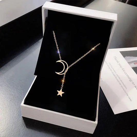 Simple Gold Moon and Star Pendant Choker Necklace - Alloy Charm Chain for Women | Party Jewelry