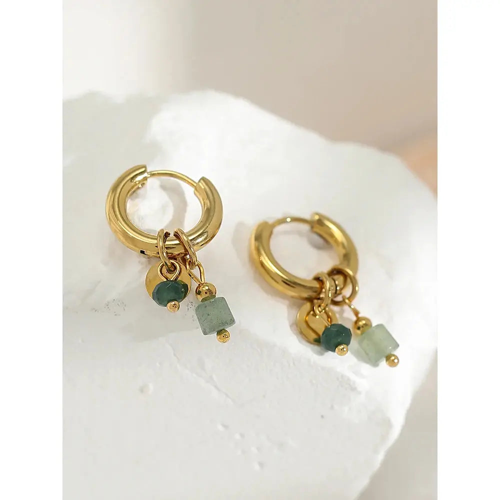 18K Gold-Plated Stainless Steel Hoop Earrings for Women, Vintage Green Natural Stone Charms, Trendy Waterproof Jewelry