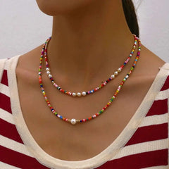 Bohemian Multilayer Beaded Necklace - Handmade Fashion Jewelry with Colorful Tassels & Crystal Pendant