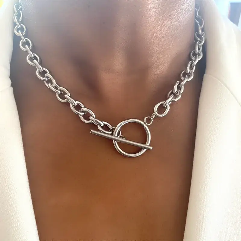 Fashion Chunky Chain Necklace - Simple Stainless Steel Toggle Clasp Jewelry for Women