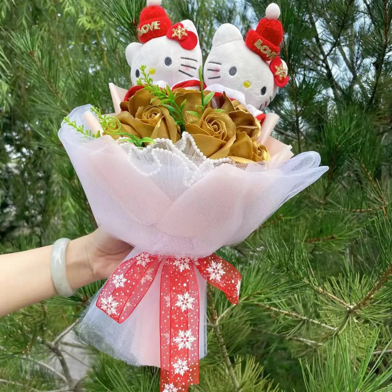 Kawaii Hello Kitty Cat Plush Dolls With Artificial Flowers Creative Bouquet. Perfect for Christmas, Valentine's Day, Birthdays, and Graduation Gifts.