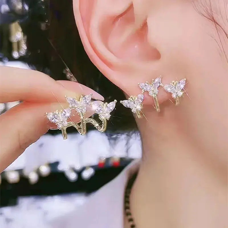 Korean Vintage Pearl Crystal Earrings for Women, High-Class Luxury Zircon Flower Butterfly Leaf Women's Stud Earrings