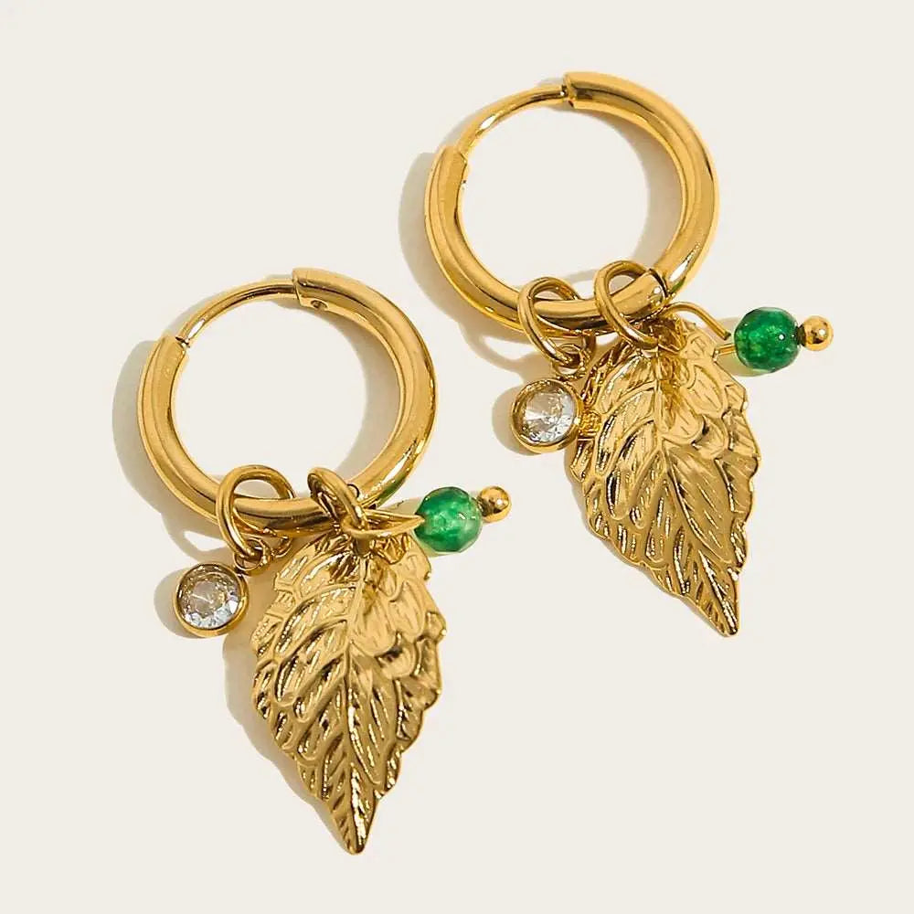 18K Gold-Plated Stainless Steel Hoop Earrings for Women, Vintage Green Natural Stone Charms, Trendy Waterproof Jewelry