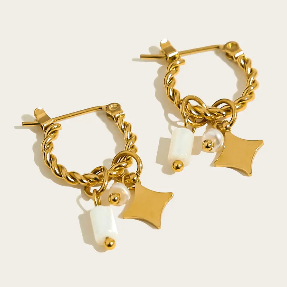 18K Gold-Plated Stainless Steel Hoop Earrings for Women, Vintage Green Natural Stone Charms, Trendy Waterproof Jewelry