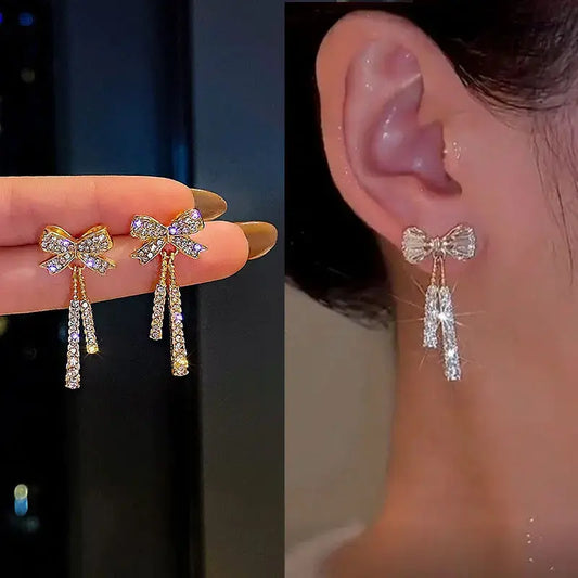 Korean Trendy Bow Crystal Drop Earrings for Women – Luxury Sparkling Cubic Zirconia Tassel Jewelry