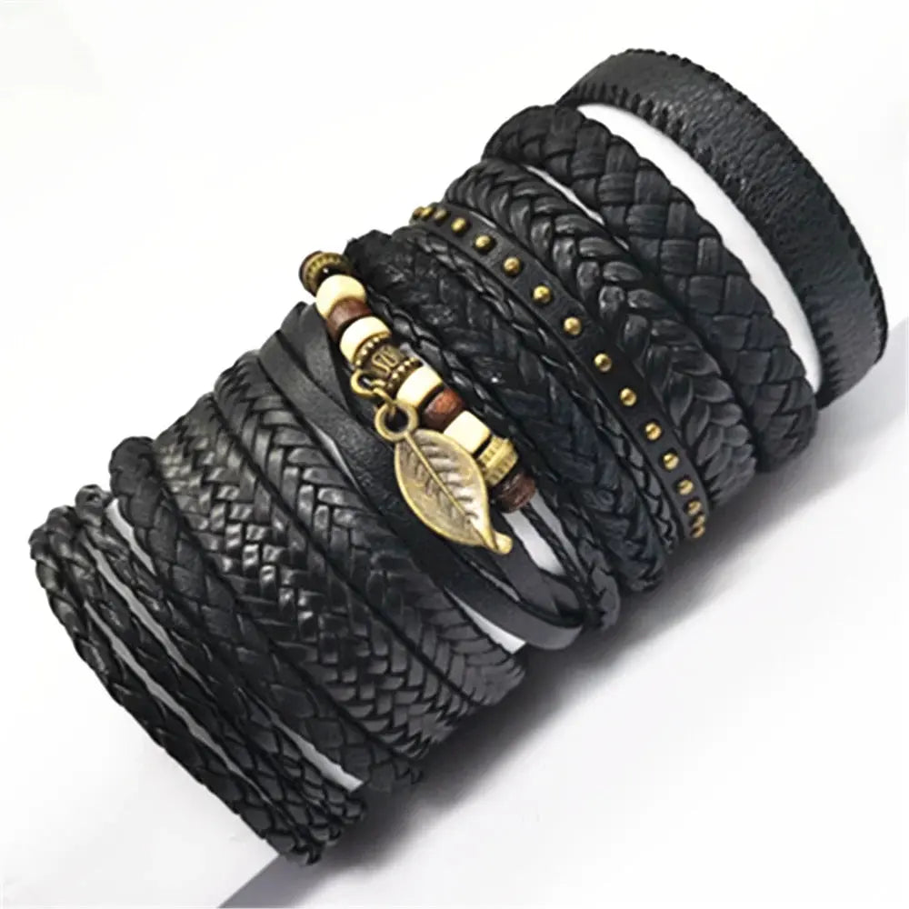 10 Pcs Black Wrap Woven Bracelets - Handmade Fashion Jewelry for Men & Women