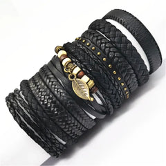 10 Pcs Black Wrap Woven Bracelets - Handmade Fashion Jewelry for Men & Women