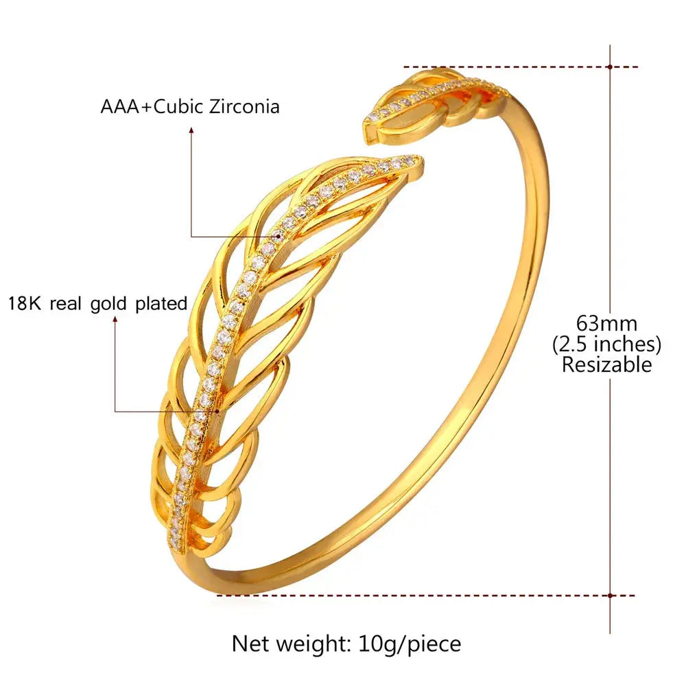 Gold Color Open Leaf Bangle Bracelet with White CZ – Elegant Jewelry for Women, Perfect Birthday Gift