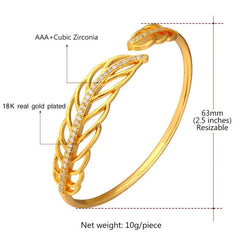 Gold Color Open Leaf Bangle Bracelet with White CZ – Elegant Jewelry for Women, Perfect Birthday Gift