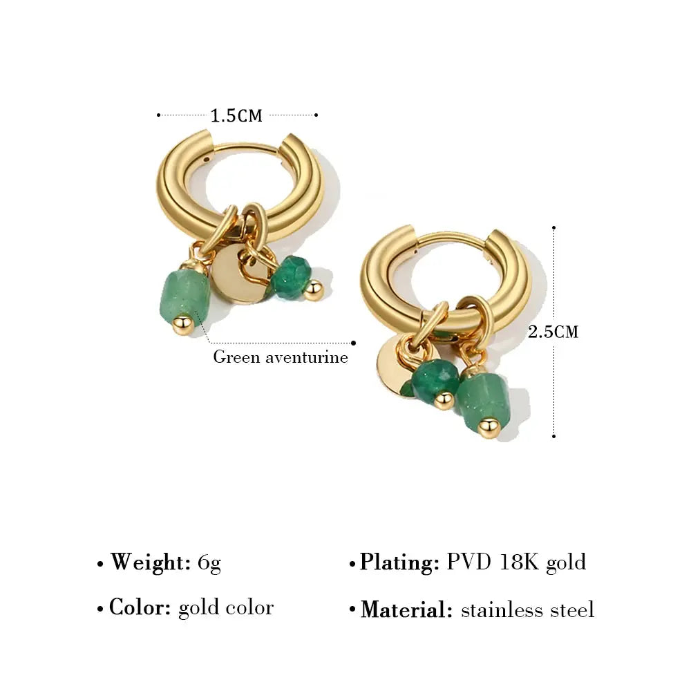 18K Gold-Plated Stainless Steel Hoop Earrings for Women, Vintage Green Natural Stone Charms, Trendy Waterproof Jewelry