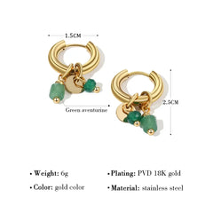 18K Gold-Plated Stainless Steel Hoop Earrings for Women, Vintage Green Natural Stone Charms, Trendy Waterproof Jewelry