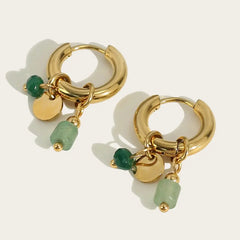 18K Gold-Plated Stainless Steel Hoop Earrings for Women, Vintage Green Natural Stone Charms, Trendy Waterproof Jewelry