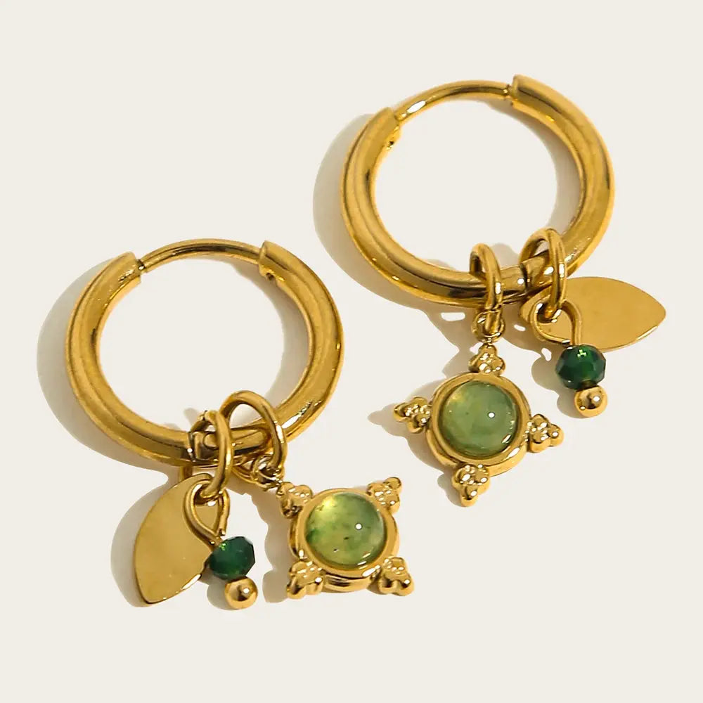 18K Gold-Plated Stainless Steel Hoop Earrings for Women, Vintage Green Natural Stone Charms, Trendy Waterproof Jewelry