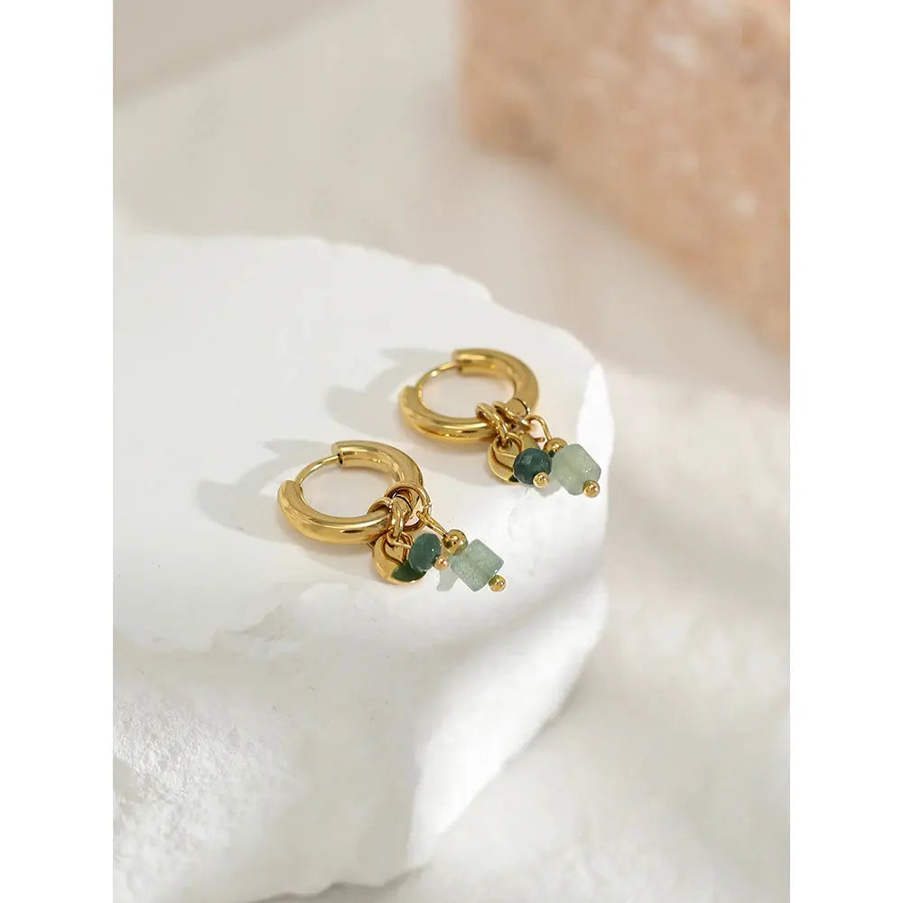 18K Gold-Plated Stainless Steel Hoop Earrings for Women, Vintage Green Natural Stone Charms, Trendy Waterproof Jewelry