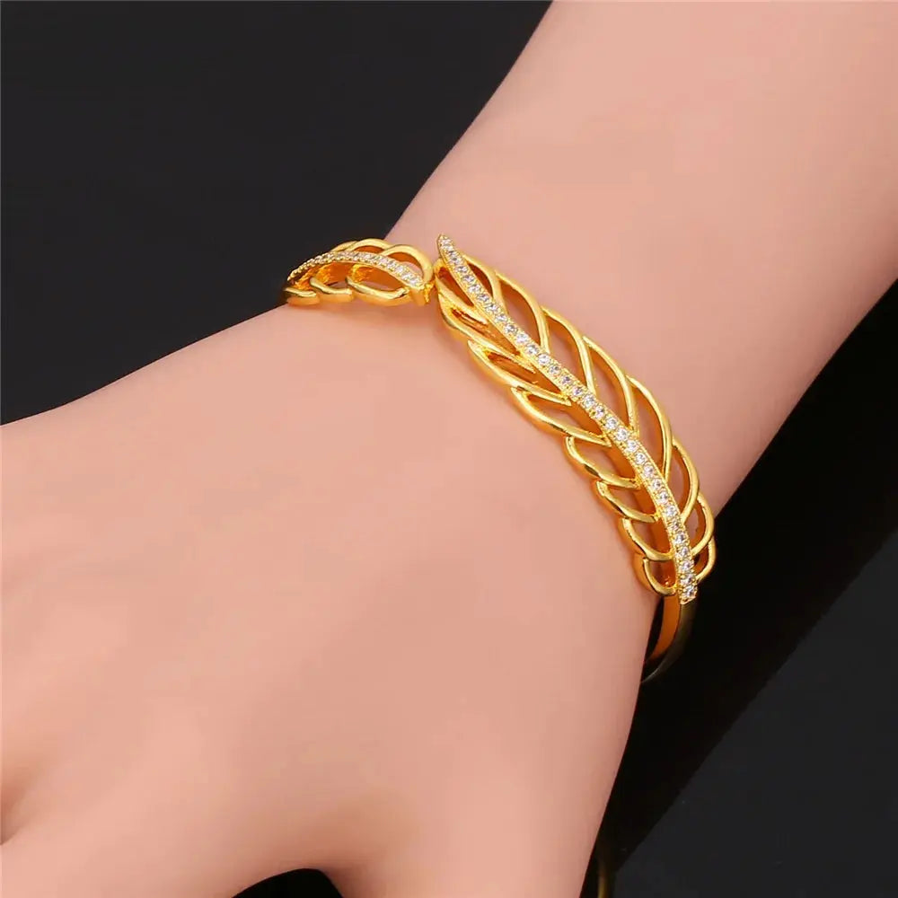 Gold Color Open Leaf Bangle Bracelet with White CZ – Elegant Jewelry for Women, Perfect Birthday Gift