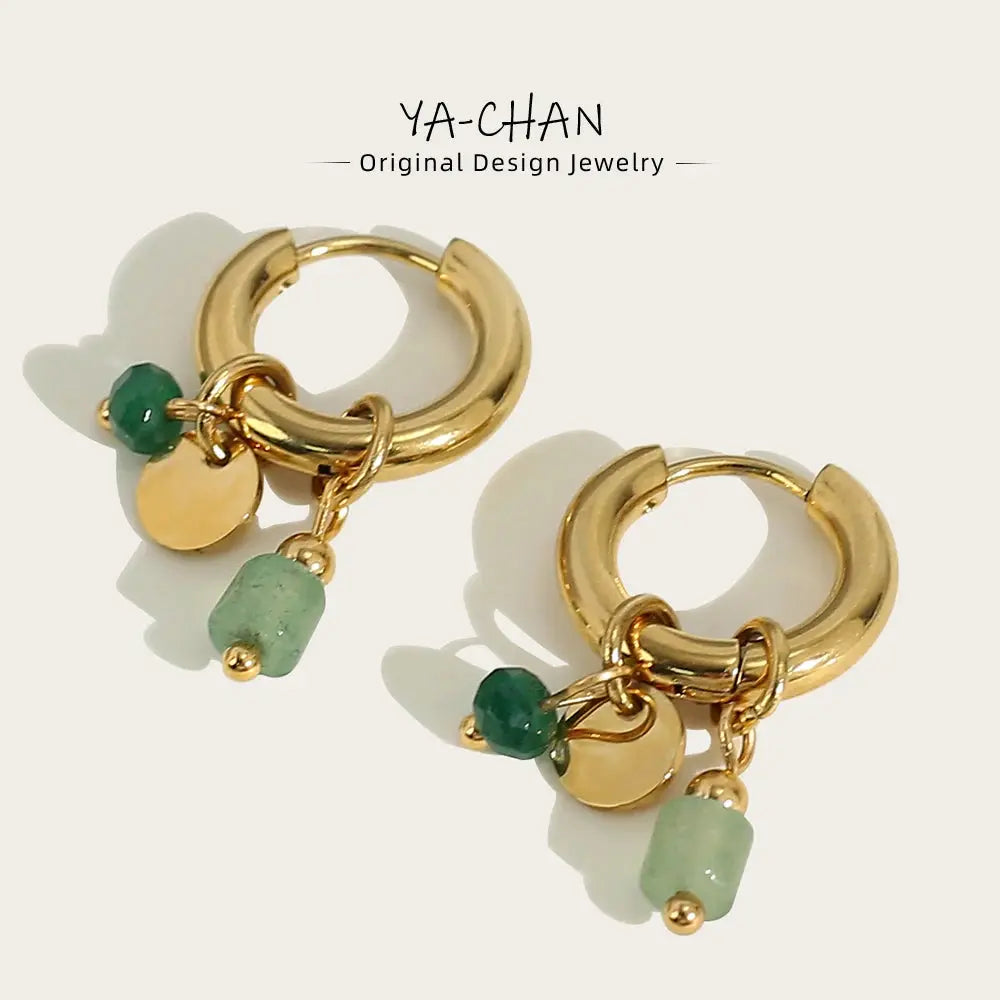 18K Gold-Plated Stainless Steel Hoop Earrings for Women, Vintage Green Natural Stone Charms, Trendy Waterproof Jewelry