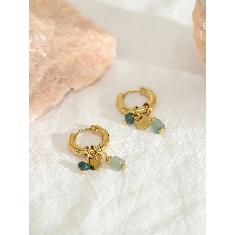 18K Gold-Plated Stainless Steel Hoop Earrings for Women, Vintage Green Natural Stone Charms, Trendy Waterproof Jewelry