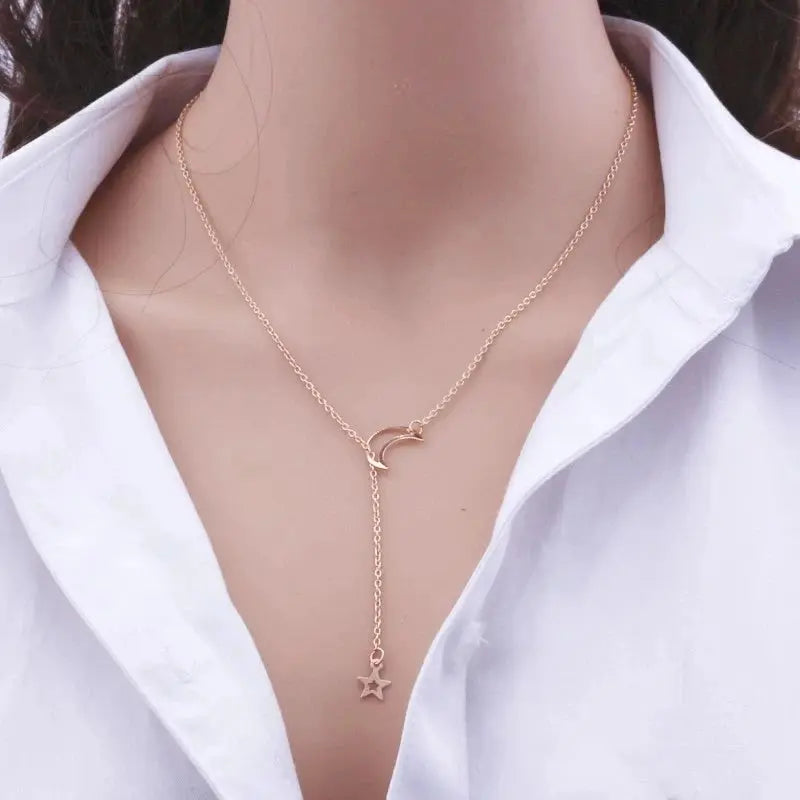 Simple Gold Moon and Star Pendant Choker Necklace - Alloy Charm Chain for Women | Party Jewelry