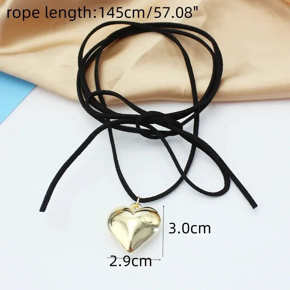 New Goth Black Velvet Heart Pendant Choker Necklace - Elegant Weave with Knotted Bowknot