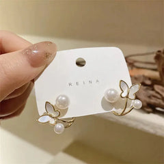 Korean Vintage Pearl Crystal Earrings for Women, High-Class Luxury Zircon Flower Butterfly Leaf Women's Stud Earrings