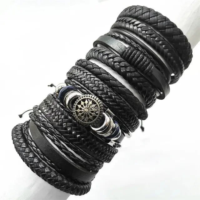 10 Pcs Black Wrap Woven Bracelets - Handmade Fashion Jewelry for Men & Women