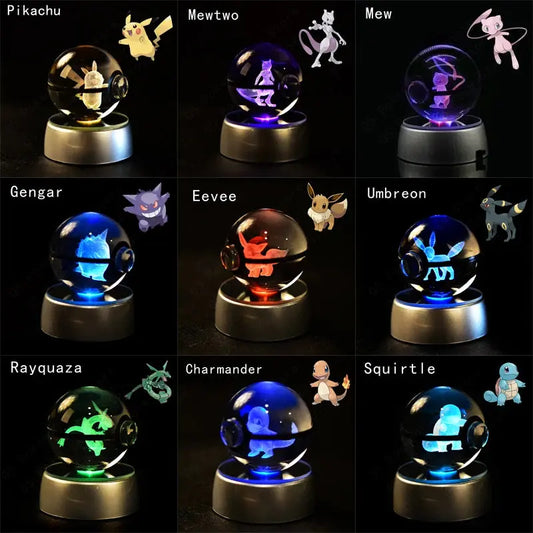 Pokemon 3D Crystal Ball featuring Pikachu, Gengar, Mew, and Mewtwo Figurines with Lamp Base, Pokeball 3D Pokemon Glass Ball Statue - Perfect Kids Birthday Gift